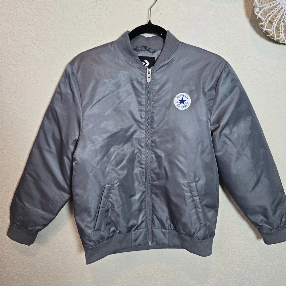 Converse Kids Bomber Jacket Coat Gray Logo and Lining Size Large 12-13 Yr